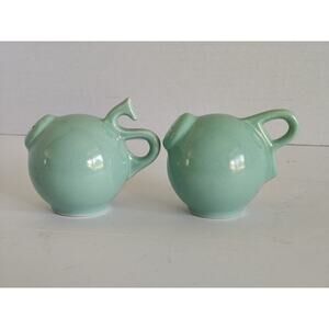 Vintage Pottery S P Handle Salt and Pepper Round Globe Robins Egg Blue